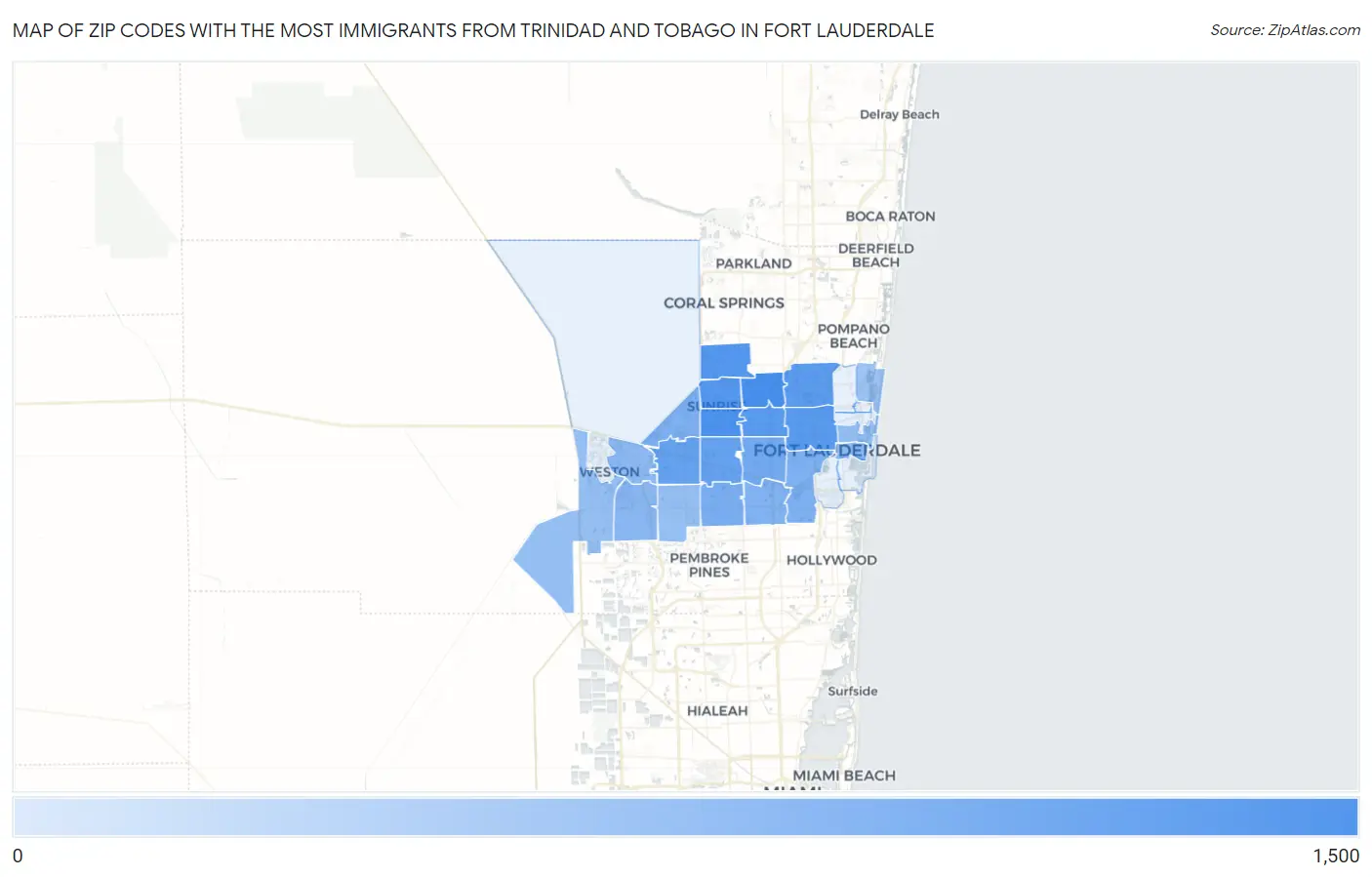 Zip Codes with the Most Immigrants from Trinidad and Tobago in Fort Lauderdale Map