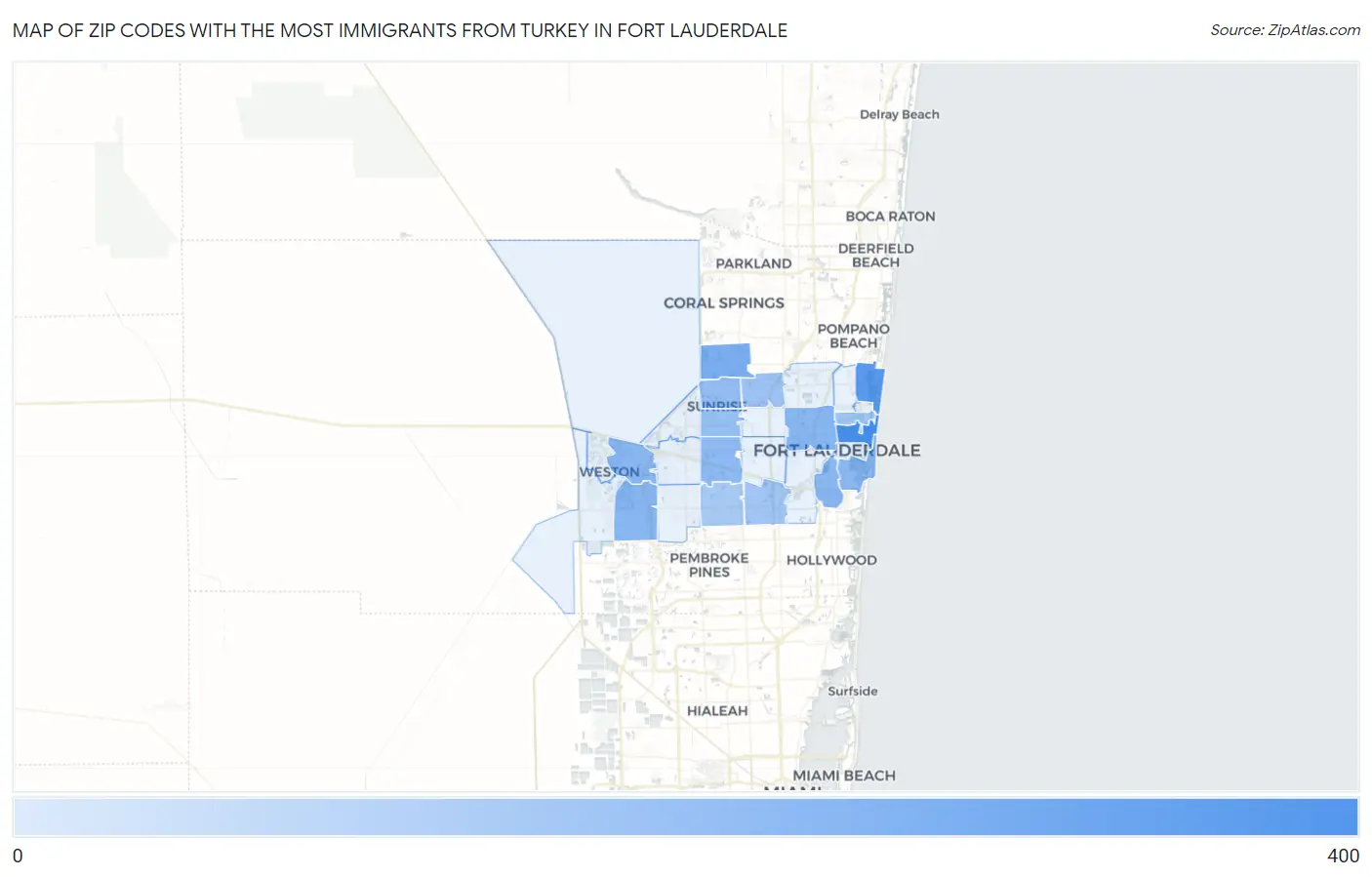 Zip Codes with the Most Immigrants from Turkey in Fort Lauderdale Map