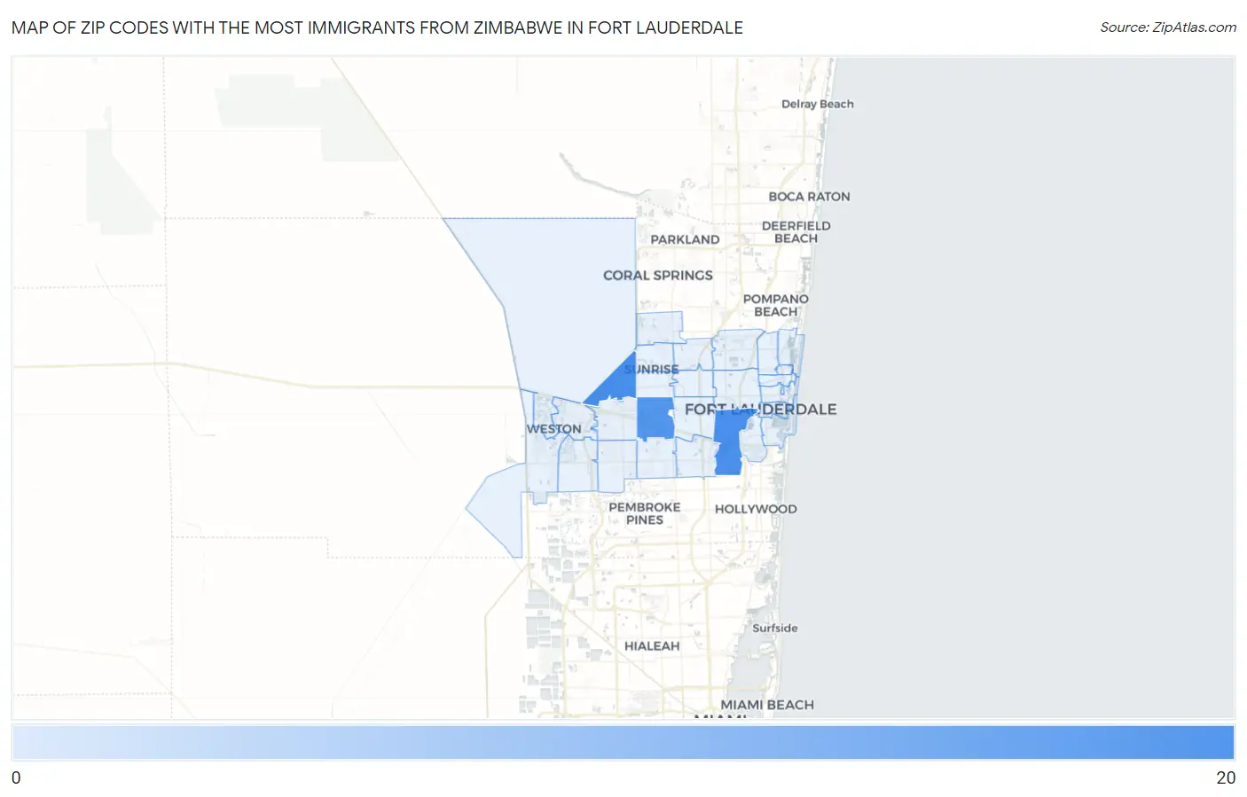 Zip Codes with the Most Immigrants from Zimbabwe in Fort Lauderdale Map