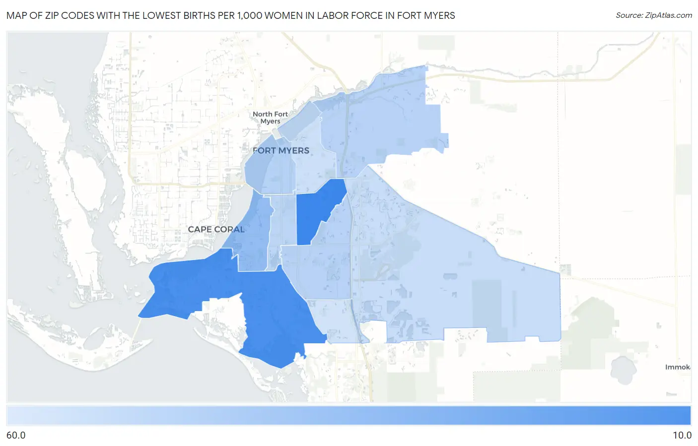 Zip Codes with the Lowest Births per 1,000 Women in Labor Force in Fort Myers Map