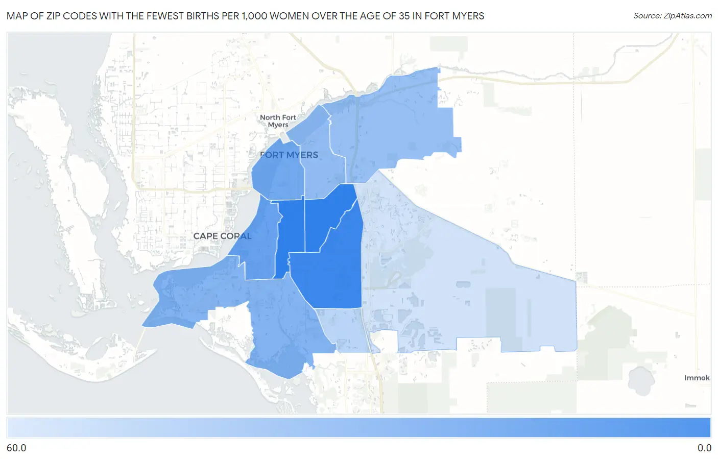 Zip Codes with the Fewest Births per 1,000 Women Over the Age of 35 in Fort Myers Map