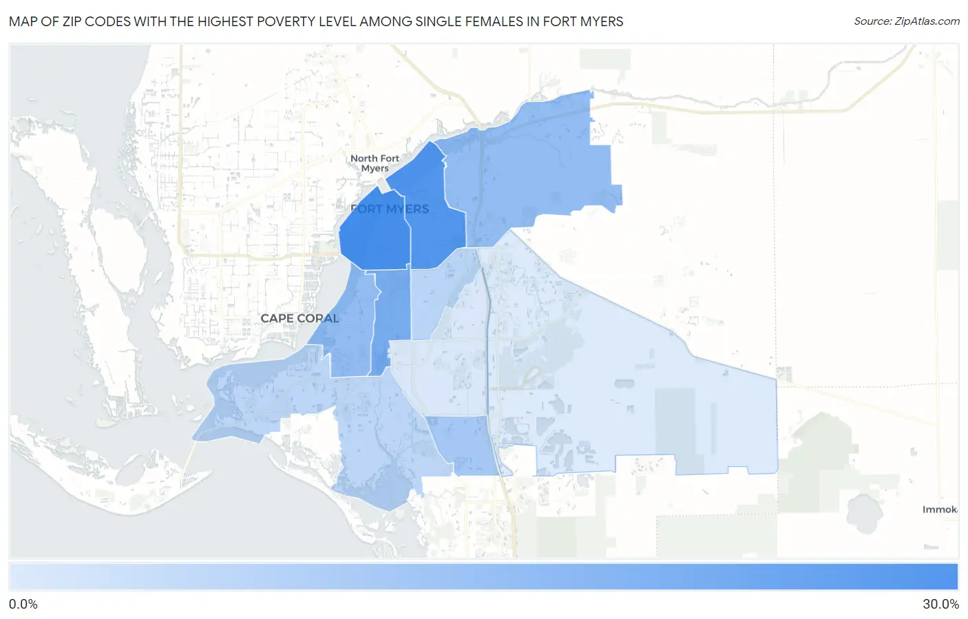 Zip Codes with the Highest Poverty Level Among Single Females in Fort Myers Map