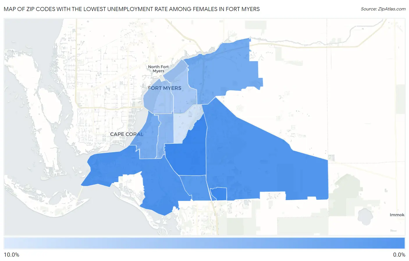 Zip Codes with the Lowest Unemployment Rate Among Females in Fort Myers Map