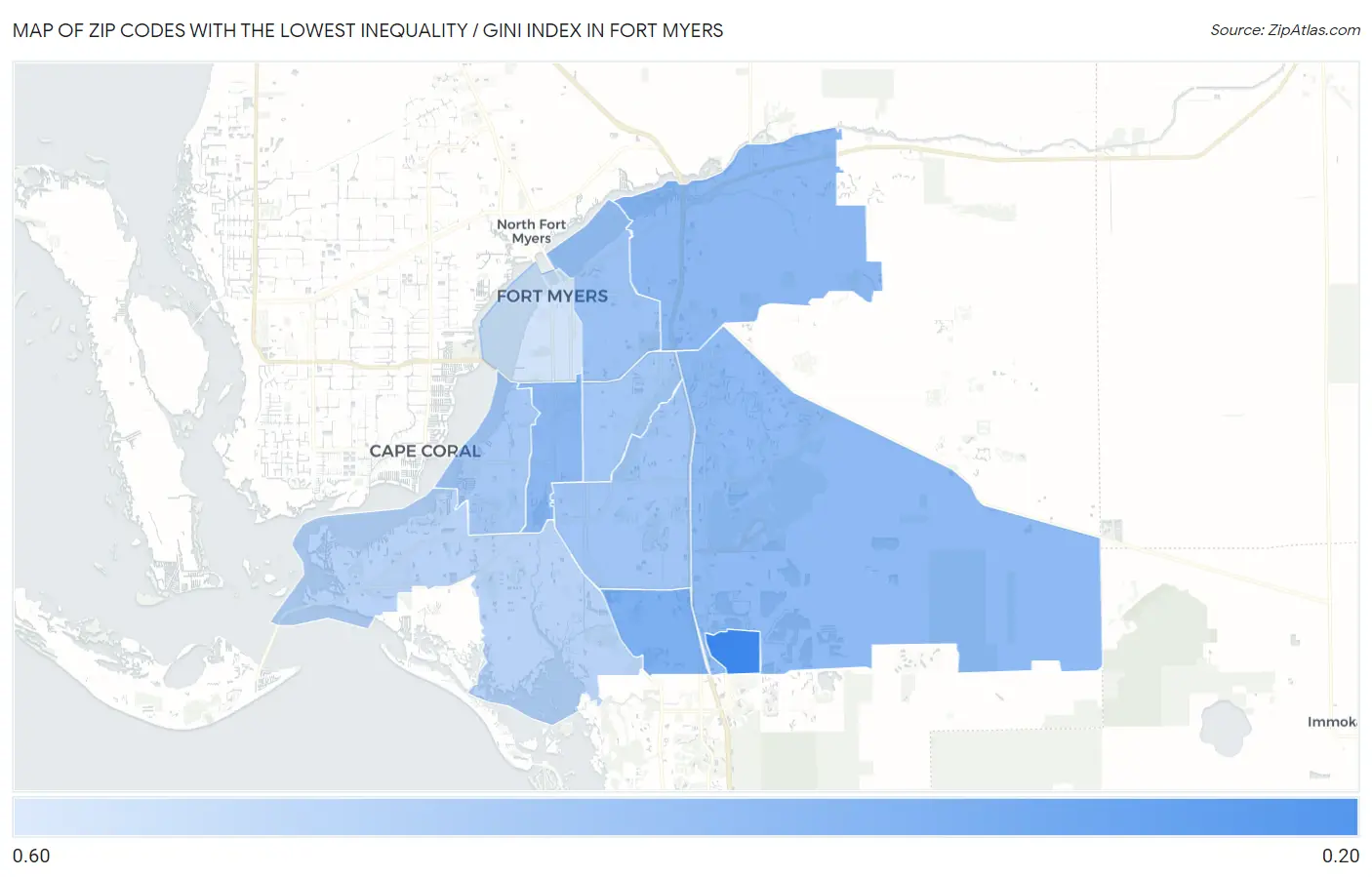 Zip Codes with the Lowest Inequality / Gini Index in Fort Myers Map