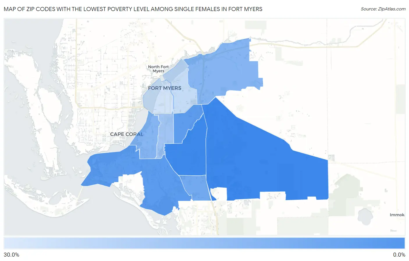 Zip Codes with the Lowest Poverty Level Among Single Females in Fort Myers Map