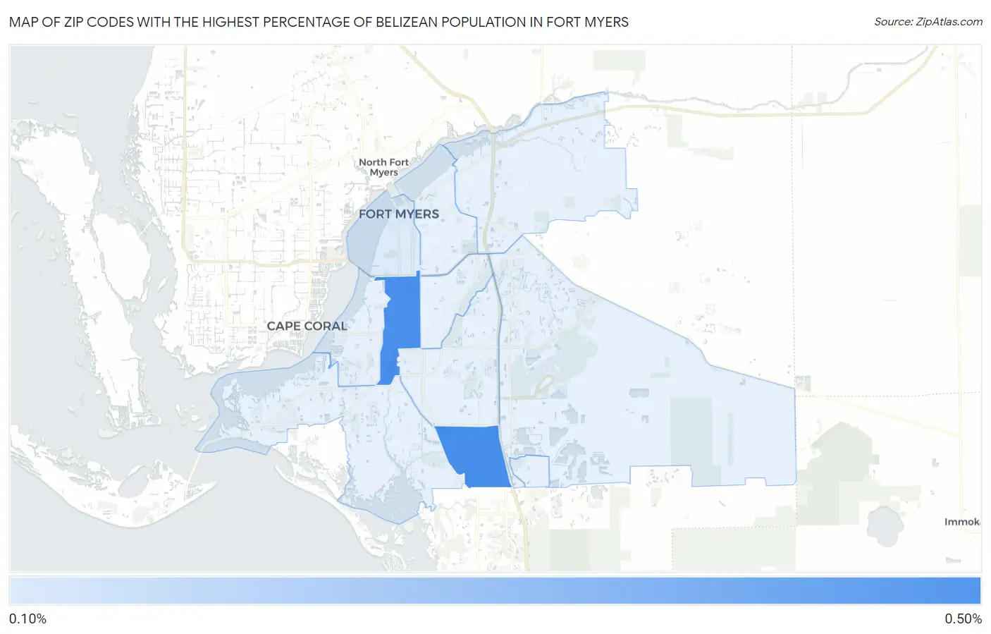 Zip Codes with the Highest Percentage of Belizean Population in Fort Myers Map