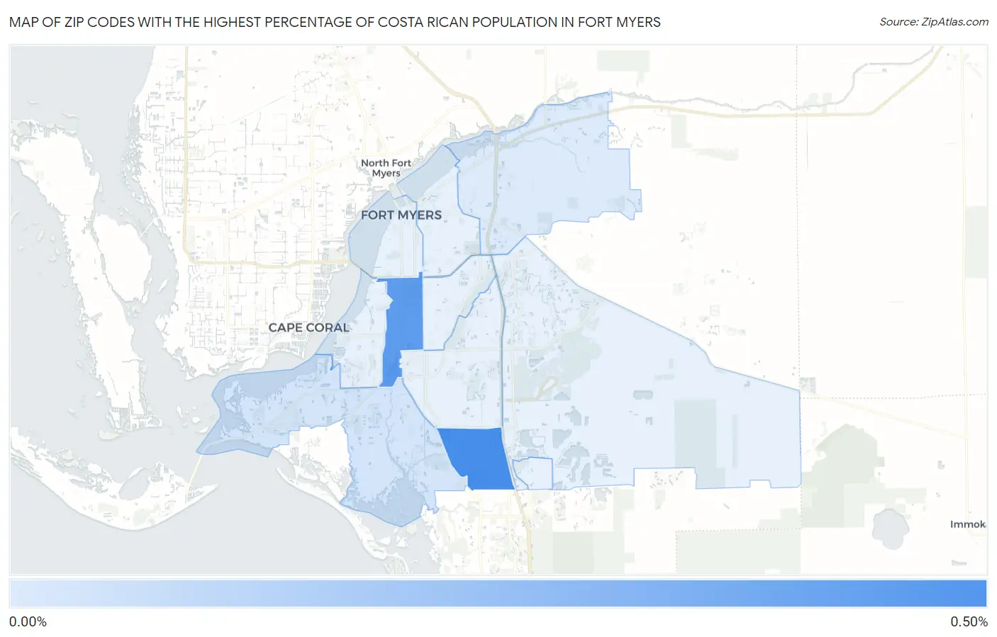 Zip Codes with the Highest Percentage of Costa Rican Population in Fort Myers Map
