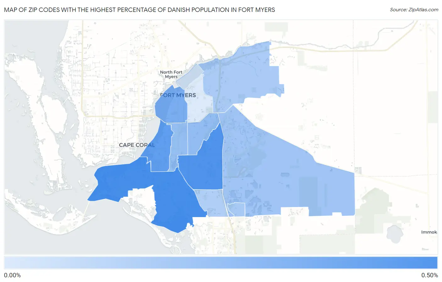 Zip Codes with the Highest Percentage of Danish Population in Fort Myers Map