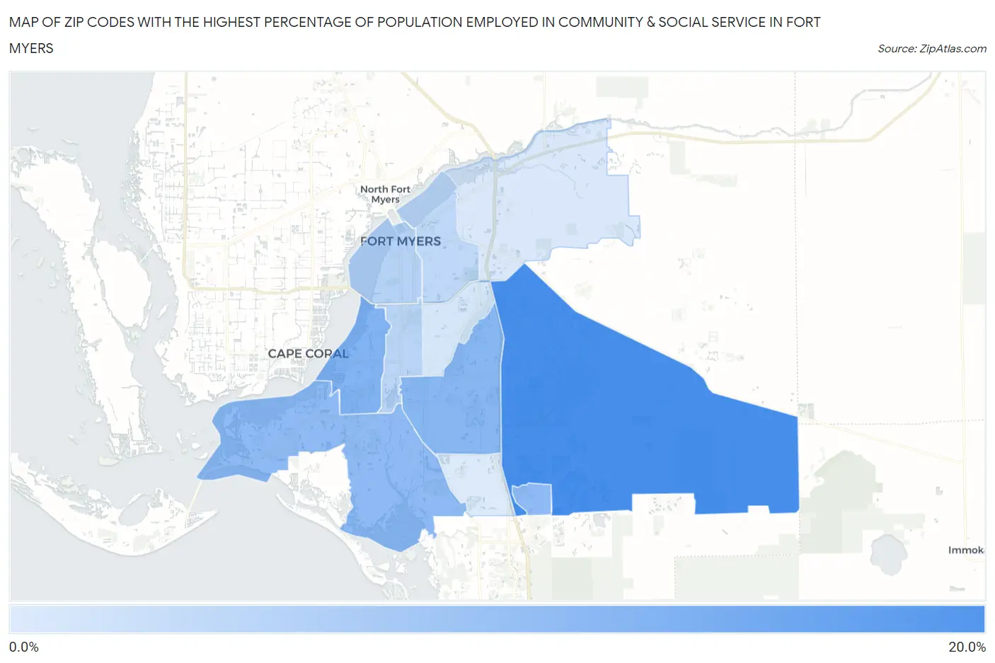 Zip Codes with the Highest Percentage of Population Employed in Community & Social Service  in Fort Myers Map