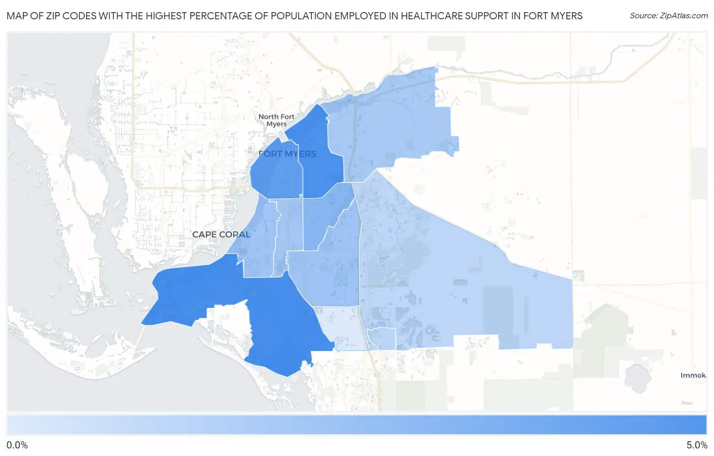 Zip Codes with the Highest Percentage of Population Employed in Healthcare Support in Fort Myers Map