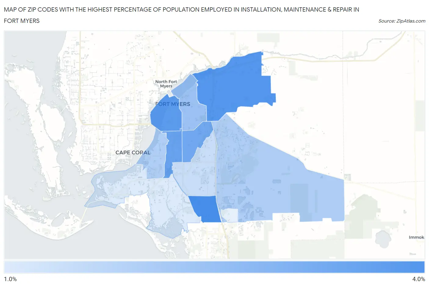 Zip Codes with the Highest Percentage of Population Employed in Installation, Maintenance & Repair in Fort Myers Map