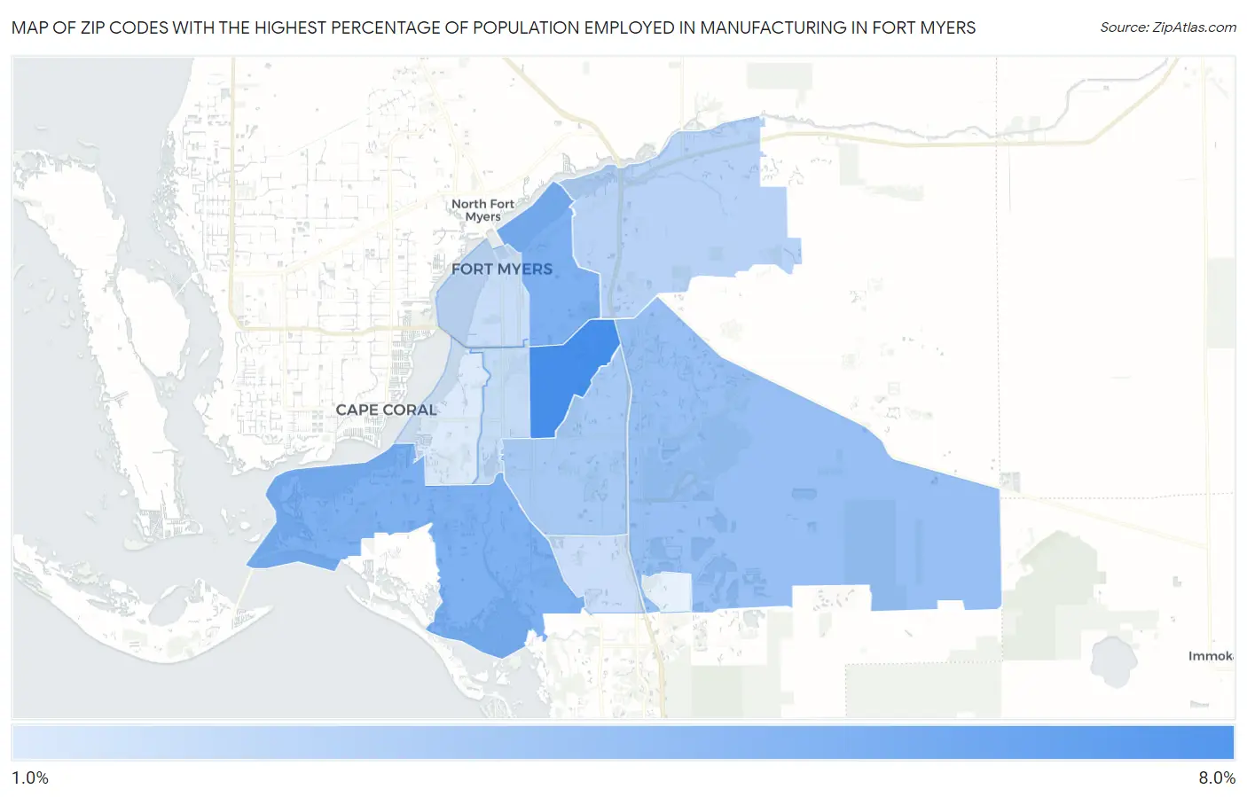 Zip Codes with the Highest Percentage of Population Employed in Manufacturing in Fort Myers Map
