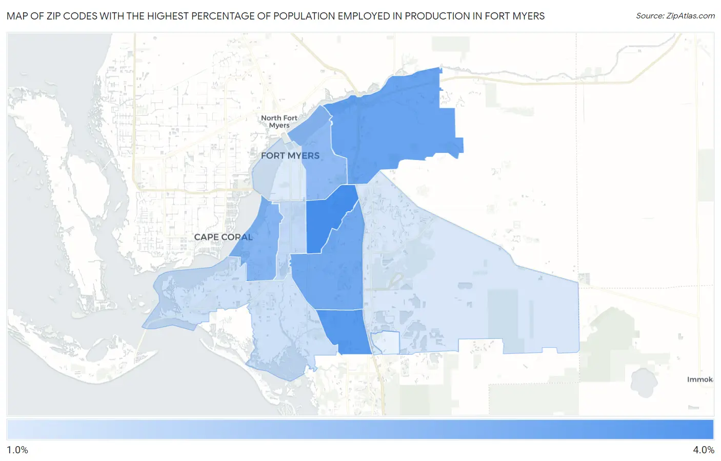 Zip Codes with the Highest Percentage of Population Employed in Production in Fort Myers Map