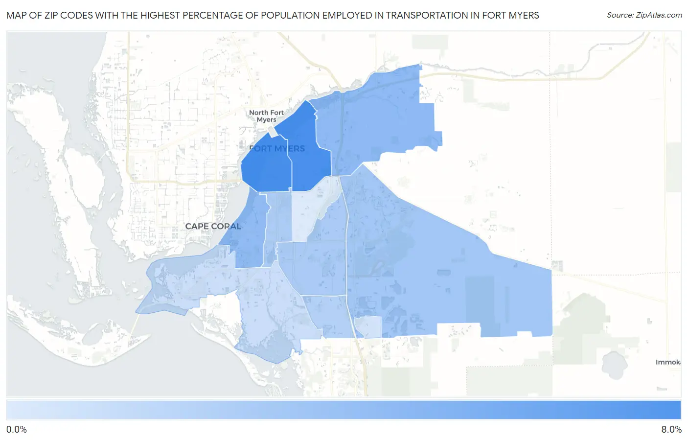 Zip Codes with the Highest Percentage of Population Employed in Transportation in Fort Myers Map