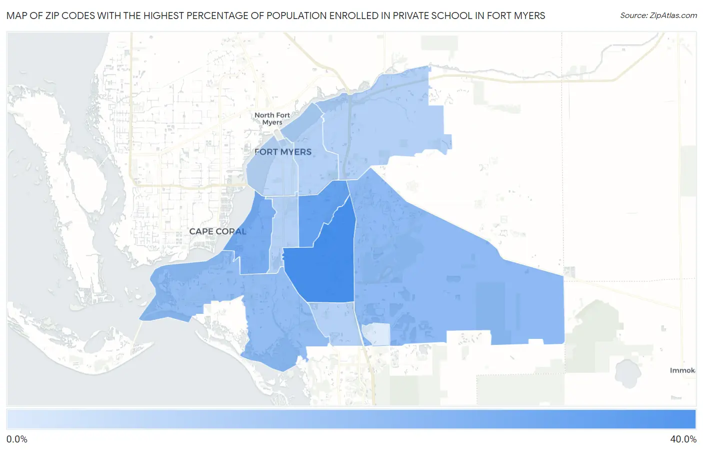 Zip Codes with the Highest Percentage of Population Enrolled in Private School in Fort Myers Map