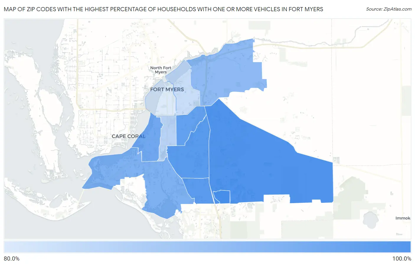 Zip Codes with the Highest Percentage of Households With One or more Vehicles in Fort Myers Map
