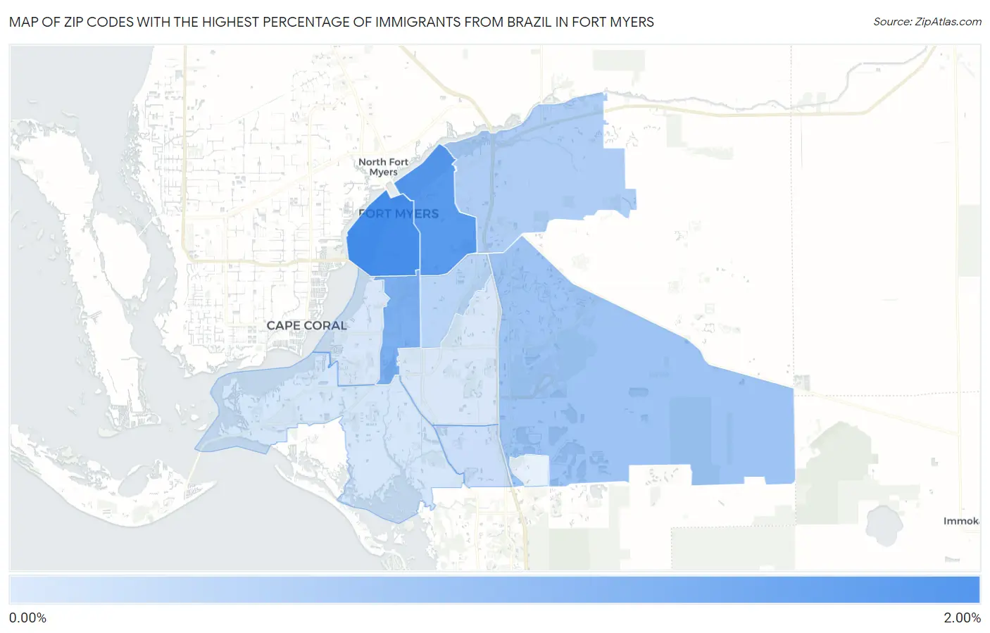 Zip Codes with the Highest Percentage of Immigrants from Brazil in Fort Myers Map