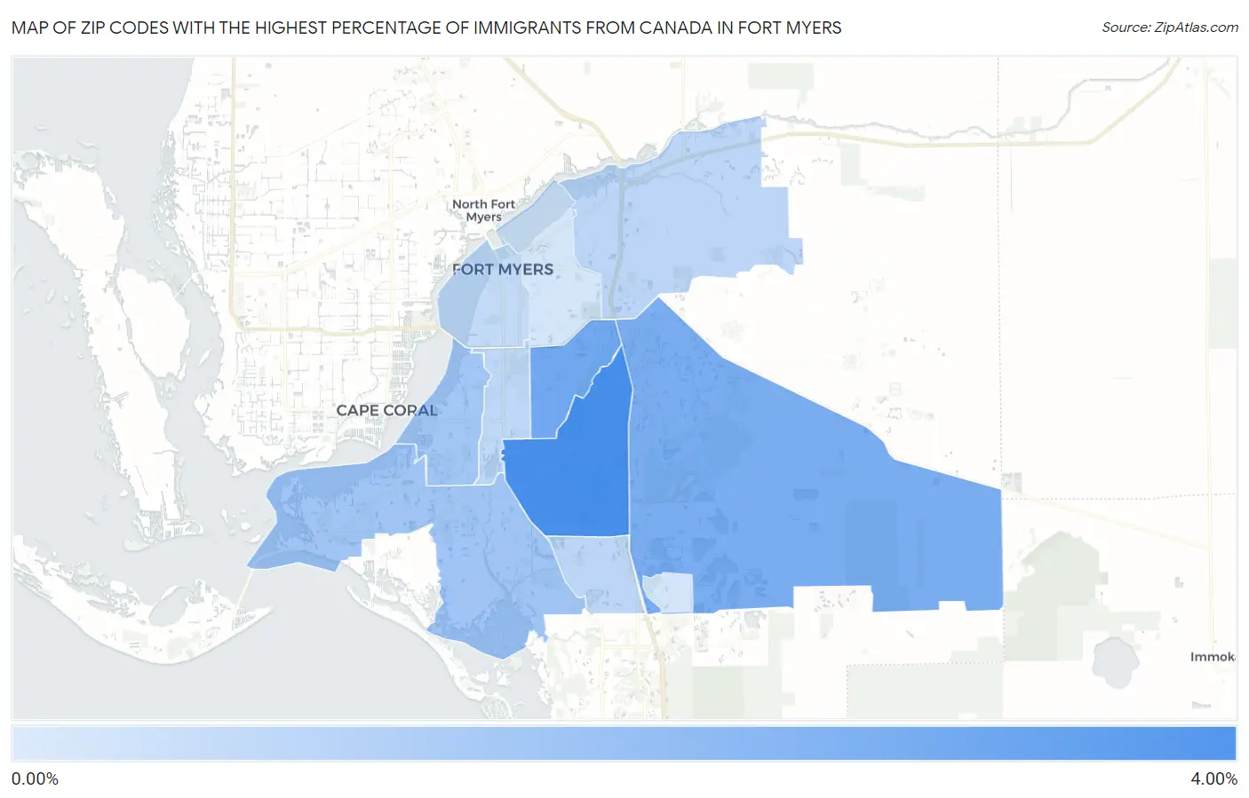 Zip Codes with the Highest Percentage of Immigrants from Canada in Fort Myers Map