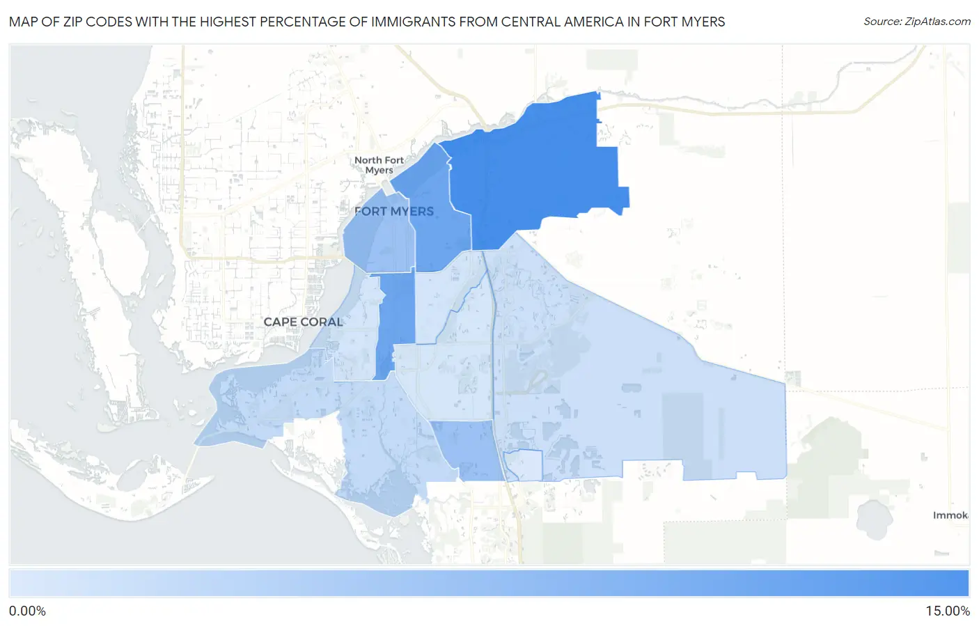 Zip Codes with the Highest Percentage of Immigrants from Central America in Fort Myers Map