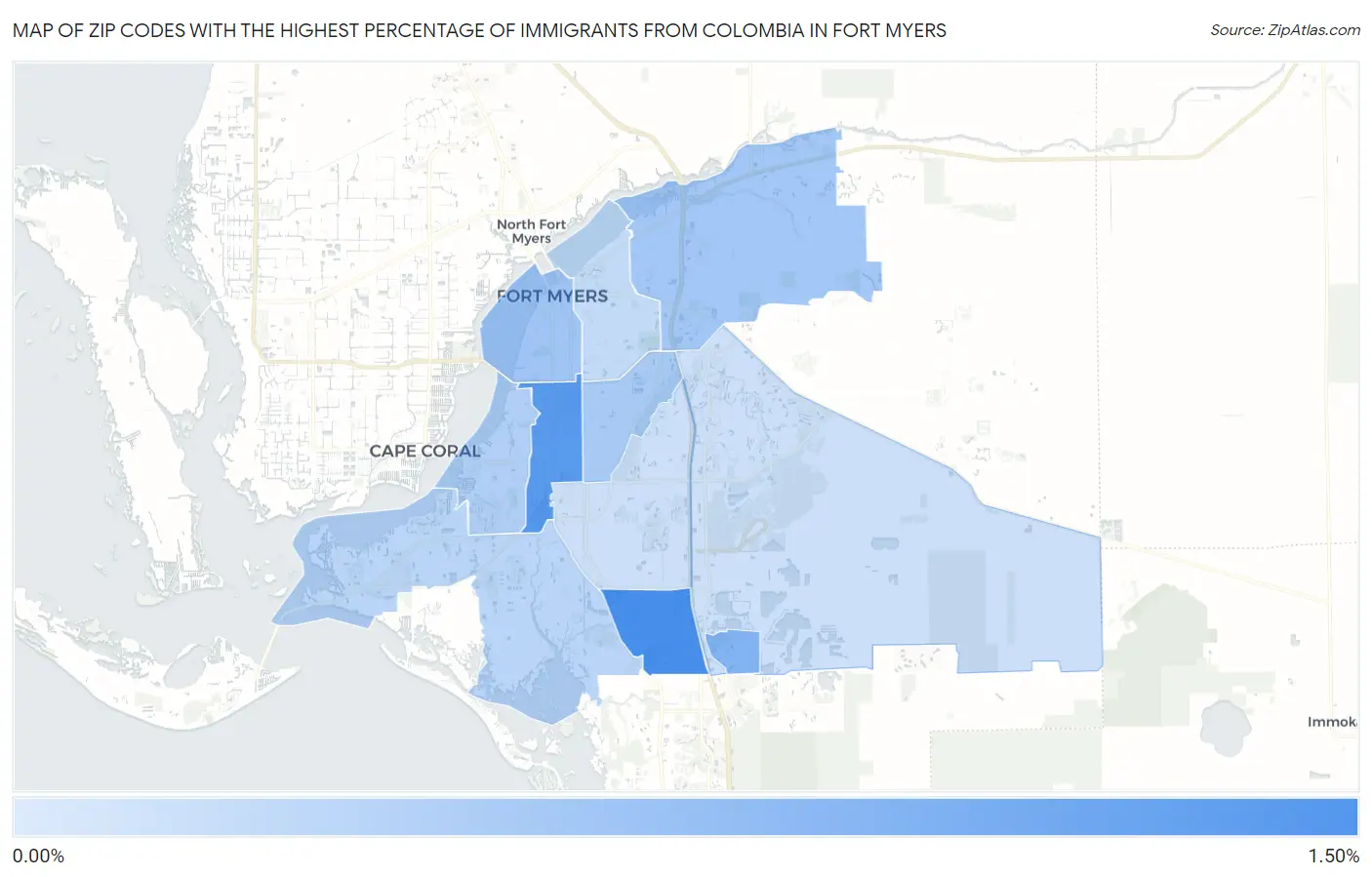 Zip Codes with the Highest Percentage of Immigrants from Colombia in Fort Myers Map