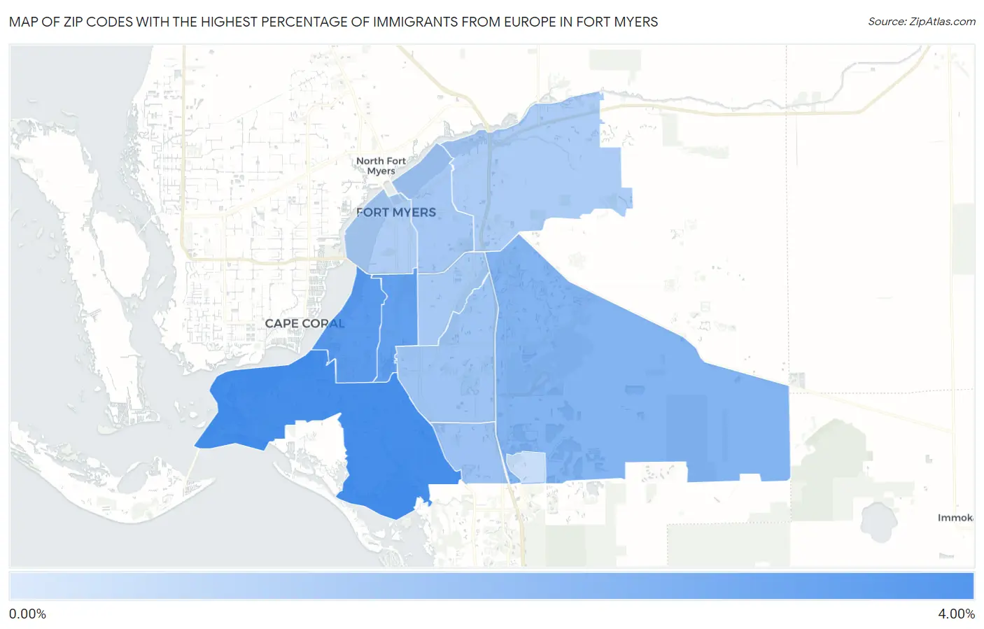 Zip Codes with the Highest Percentage of Immigrants from Europe in Fort Myers Map