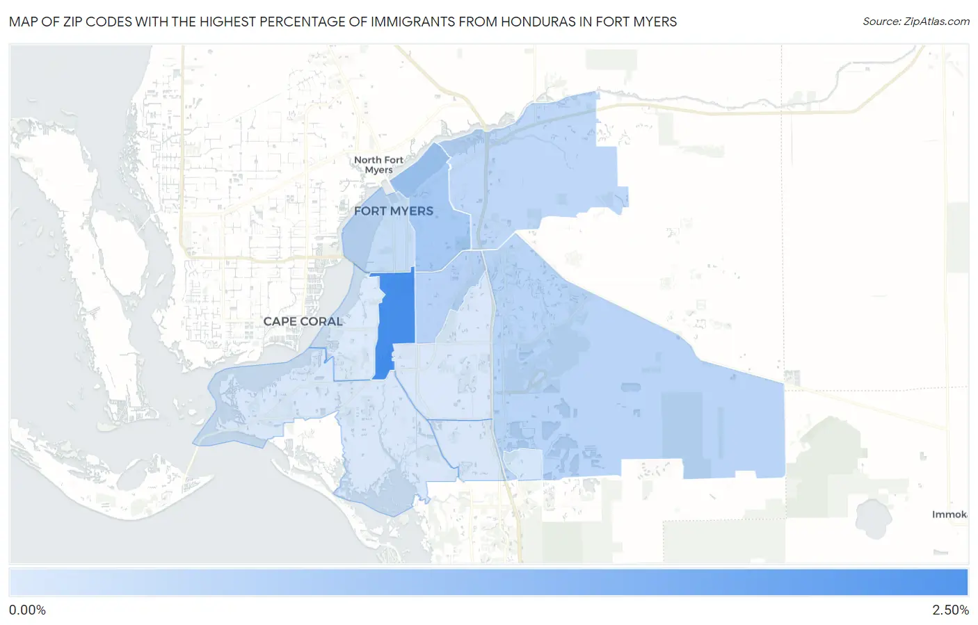 Zip Codes with the Highest Percentage of Immigrants from Honduras in Fort Myers Map