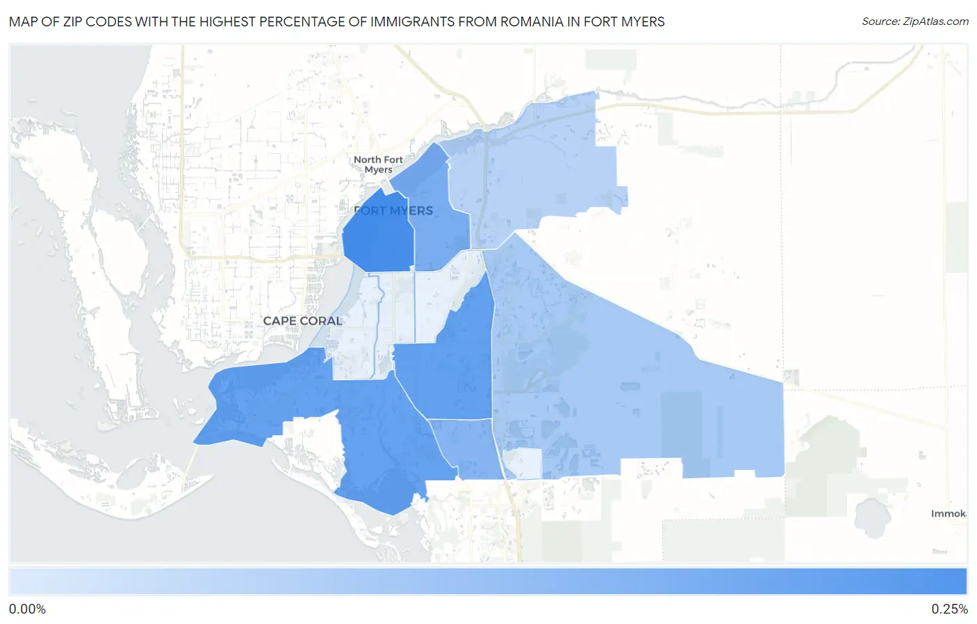Zip Codes with the Highest Percentage of Immigrants from Romania in Fort Myers Map