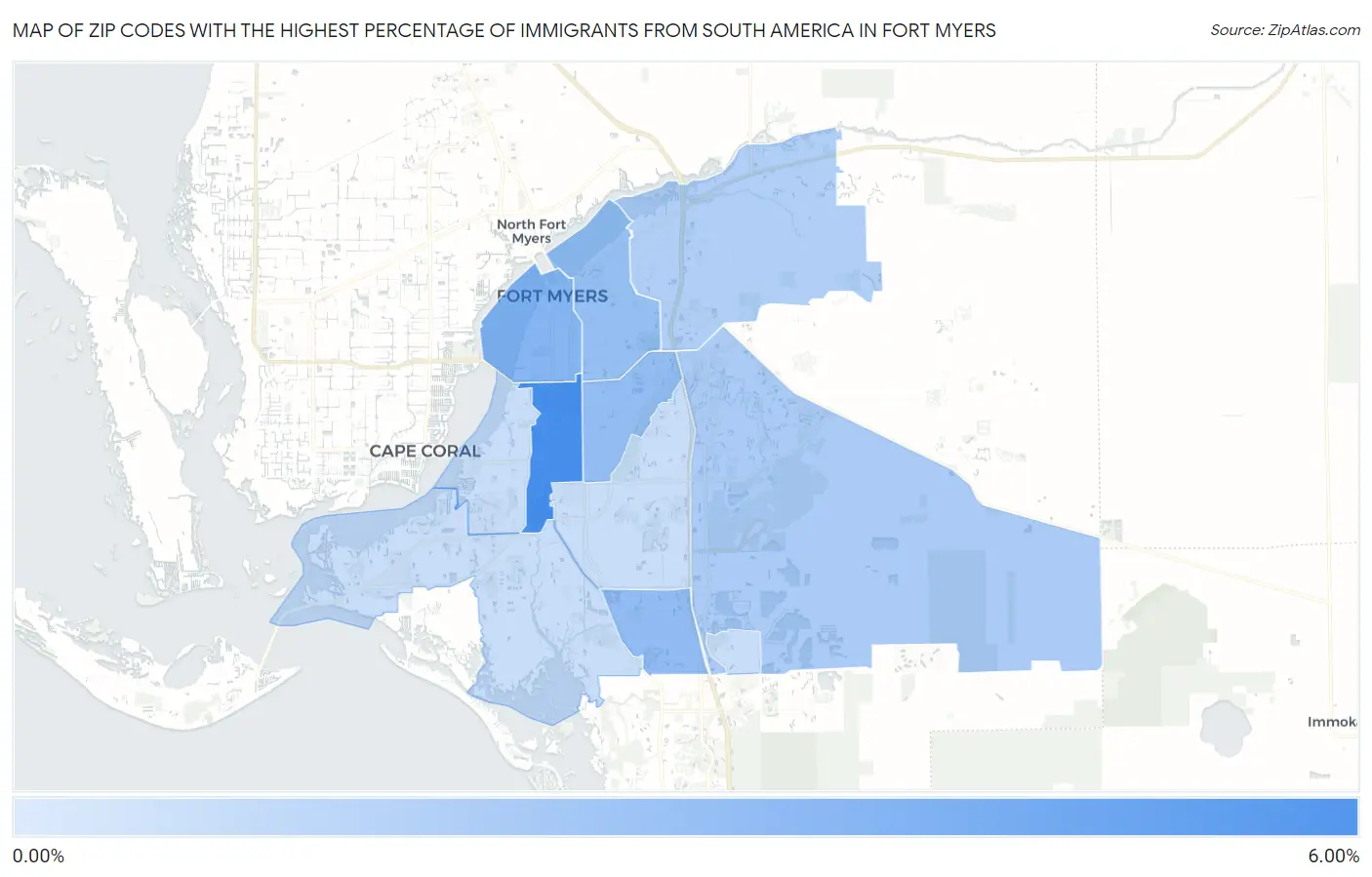 Zip Codes with the Highest Percentage of Immigrants from South America in Fort Myers Map
