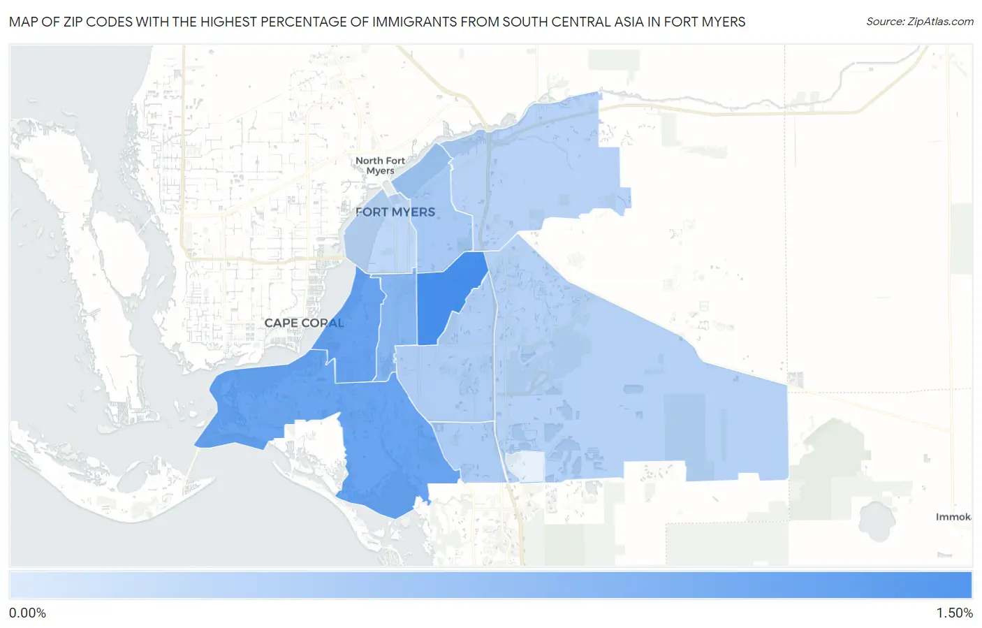 Zip Codes with the Highest Percentage of Immigrants from South Central Asia in Fort Myers Map