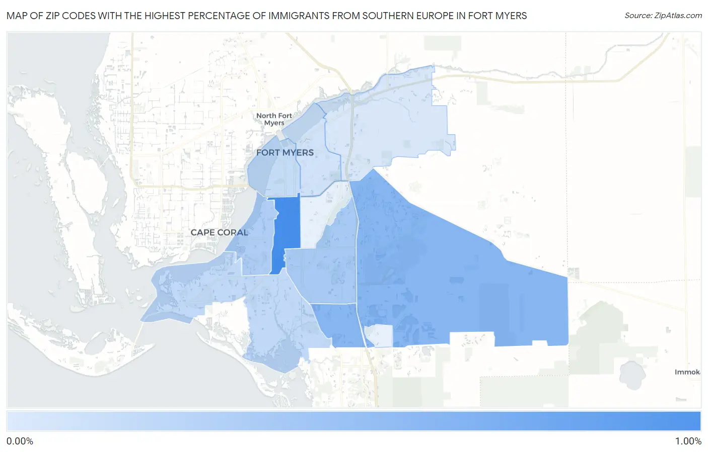 Zip Codes with the Highest Percentage of Immigrants from Southern Europe in Fort Myers Map