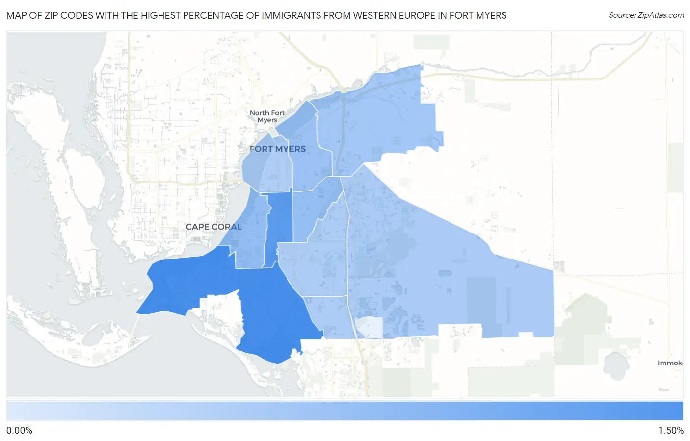 Zip Codes with the Highest Percentage of Immigrants from Western Europe in Fort Myers Map