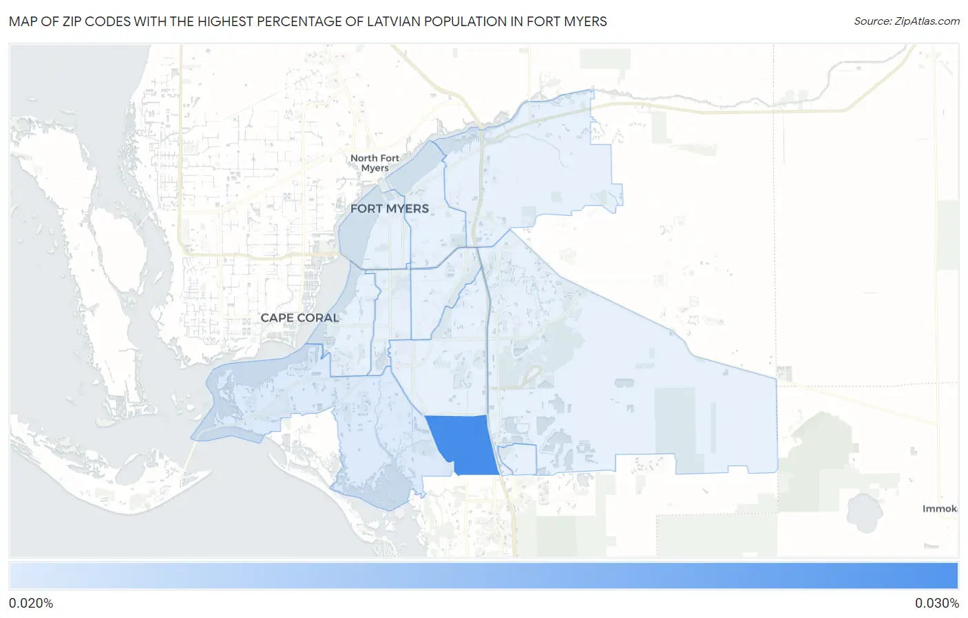Zip Codes with the Highest Percentage of Latvian Population in Fort Myers Map