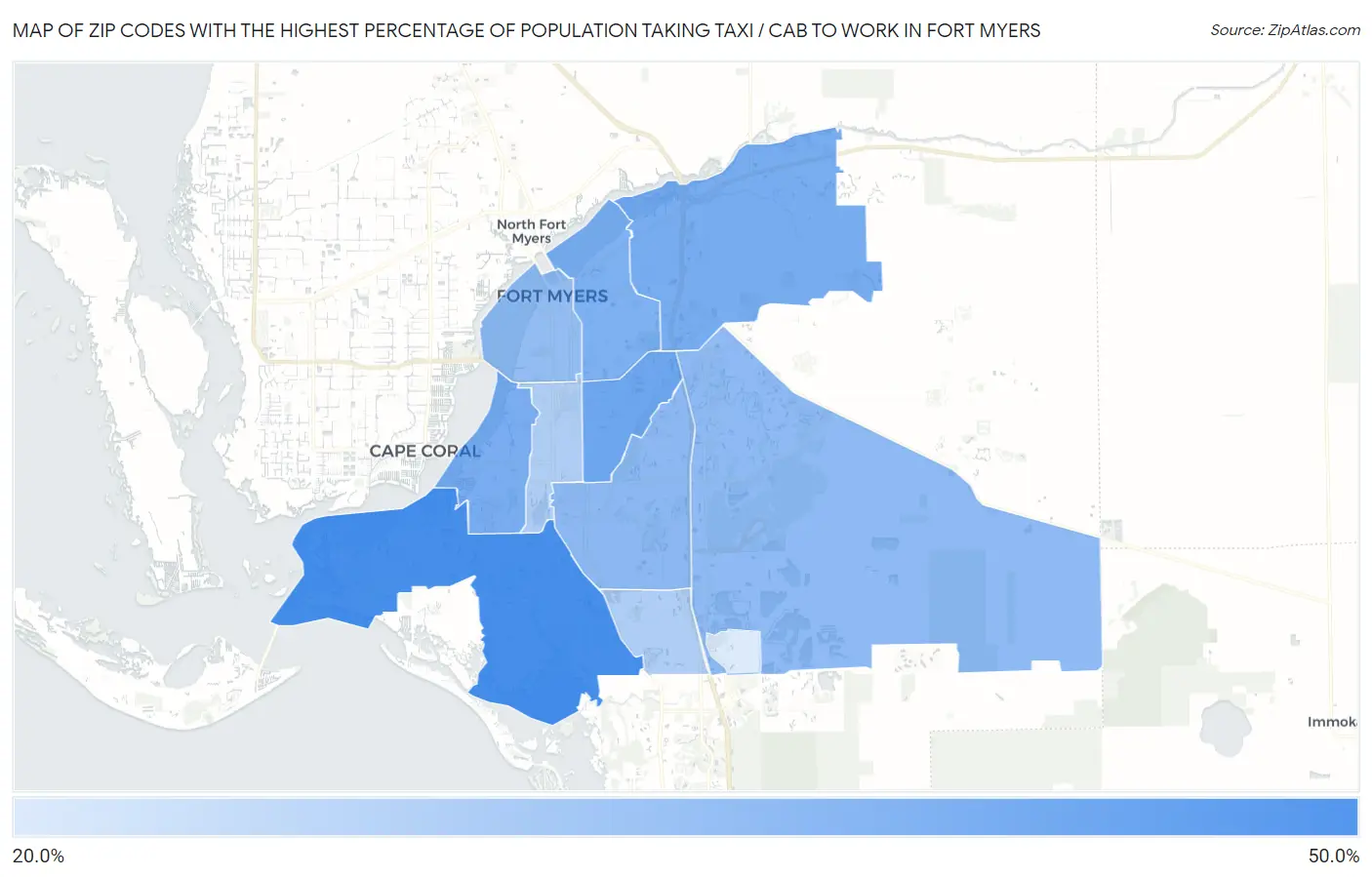 Zip Codes with the Highest Percentage of Population Taking Taxi / Cab to Work in Fort Myers Map