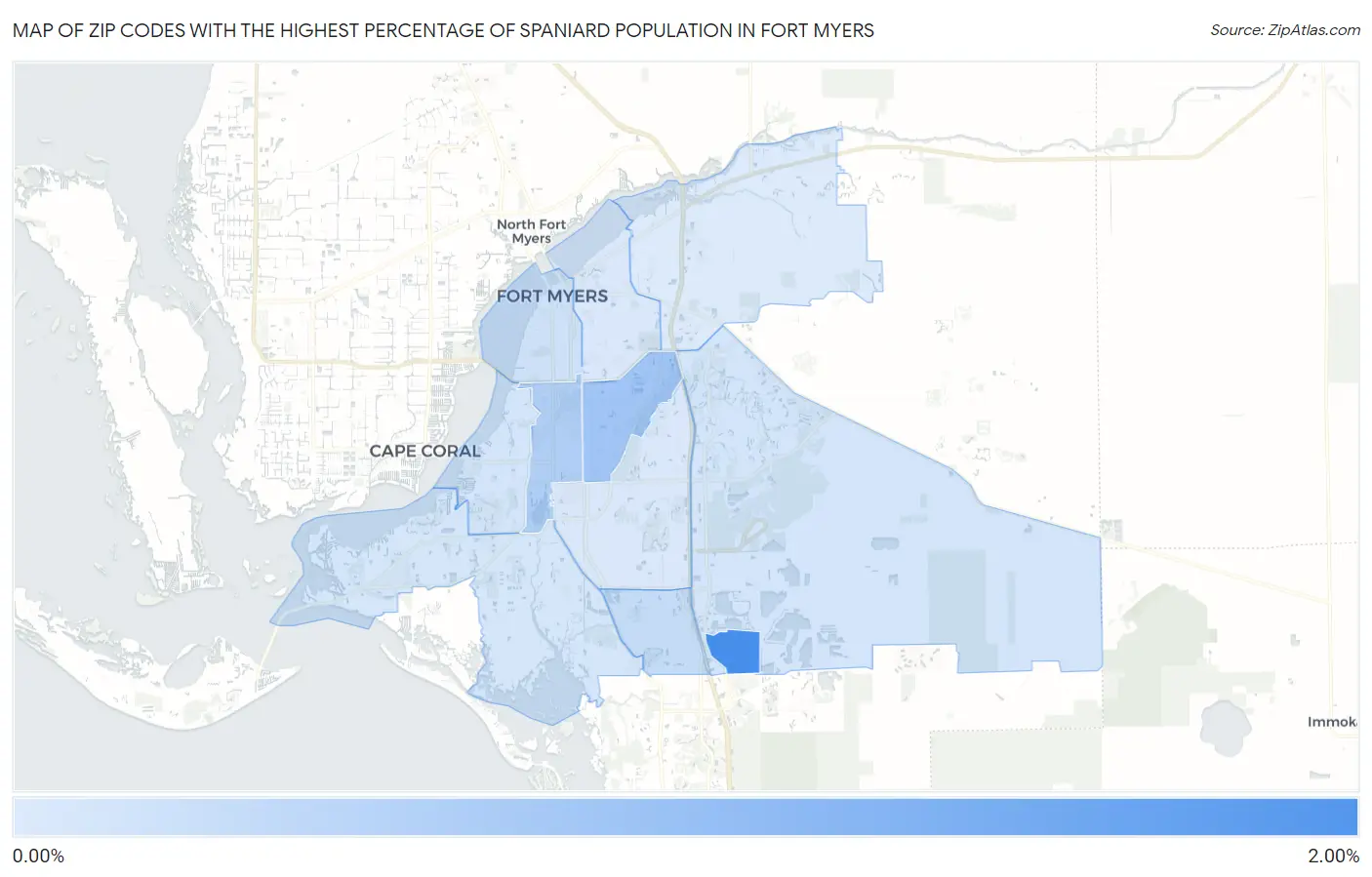 Zip Codes with the Highest Percentage of Spaniard Population in Fort Myers Map