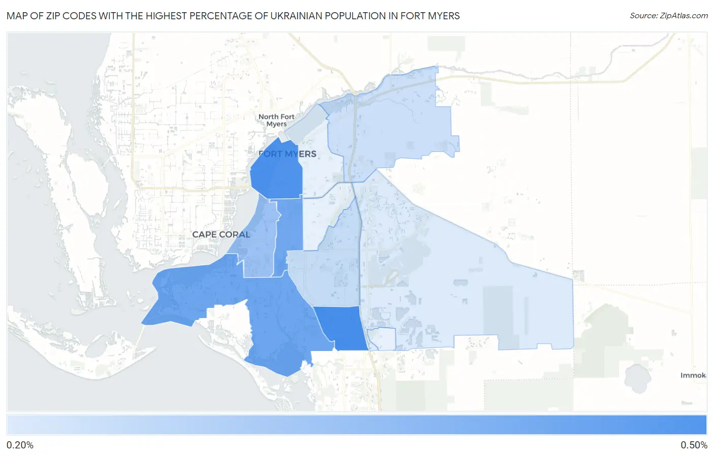 Zip Codes with the Highest Percentage of Ukrainian Population in Fort Myers Map