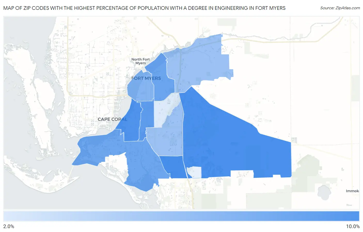 Zip Codes with the Highest Percentage of Population with a Degree in Engineering in Fort Myers Map