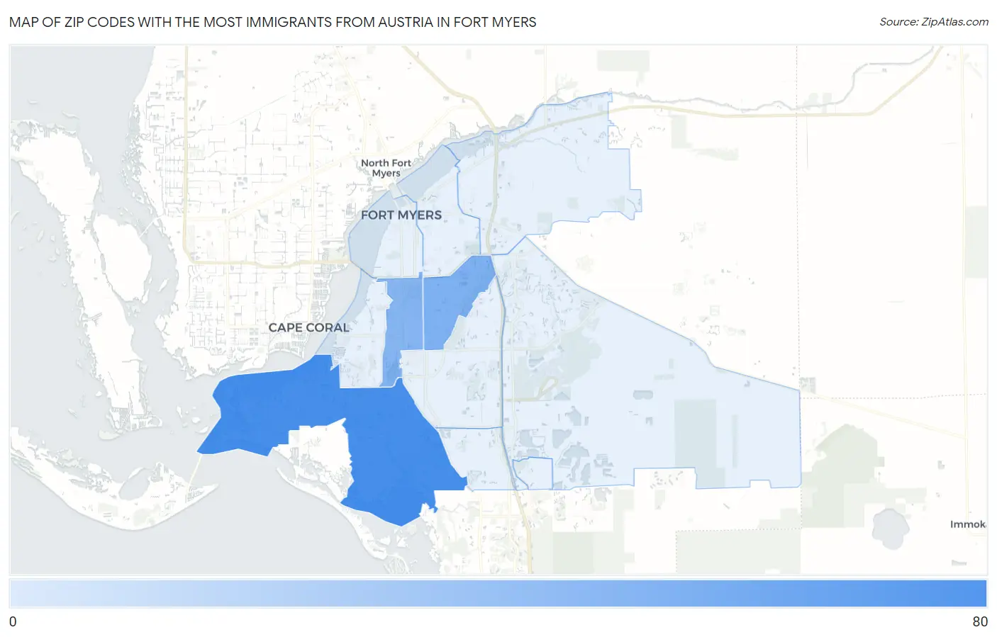 Zip Codes with the Most Immigrants from Austria in Fort Myers Map