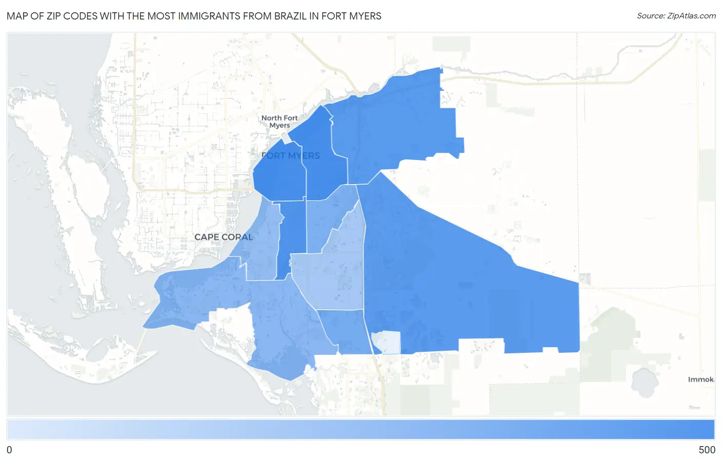 Zip Codes with the Most Immigrants from Brazil in Fort Myers Map
