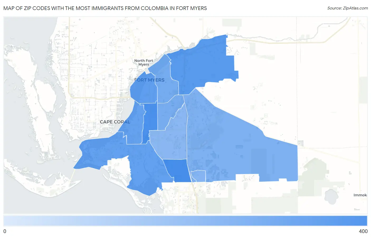 Zip Codes with the Most Immigrants from Colombia in Fort Myers Map