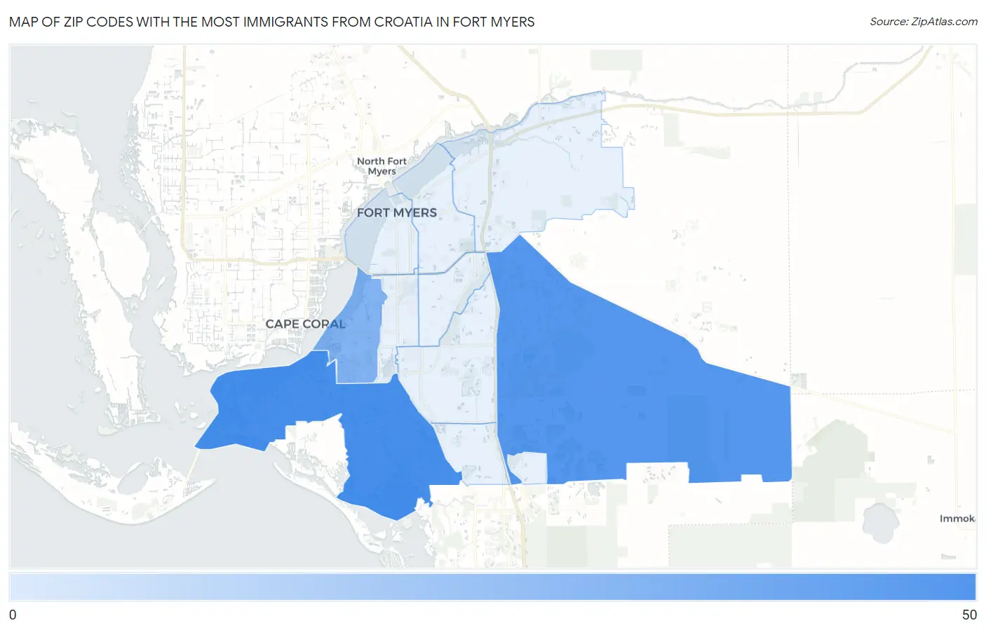 Zip Codes with the Most Immigrants from Croatia in Fort Myers Map