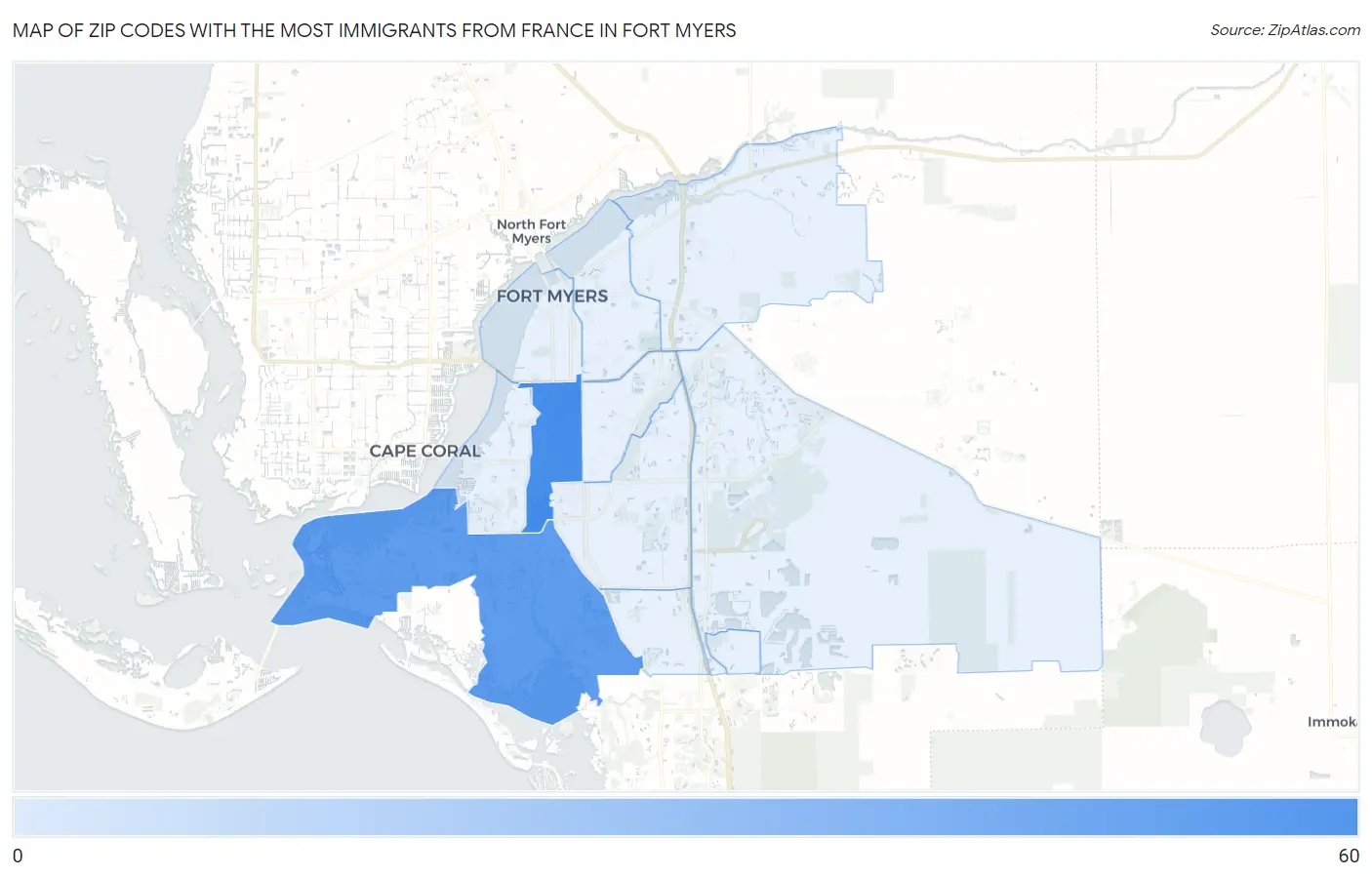 Zip Codes with the Most Immigrants from France in Fort Myers Map