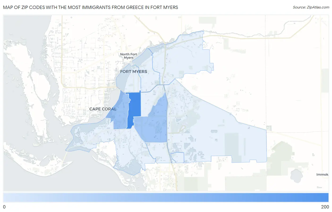 Zip Codes with the Most Immigrants from Greece in Fort Myers Map