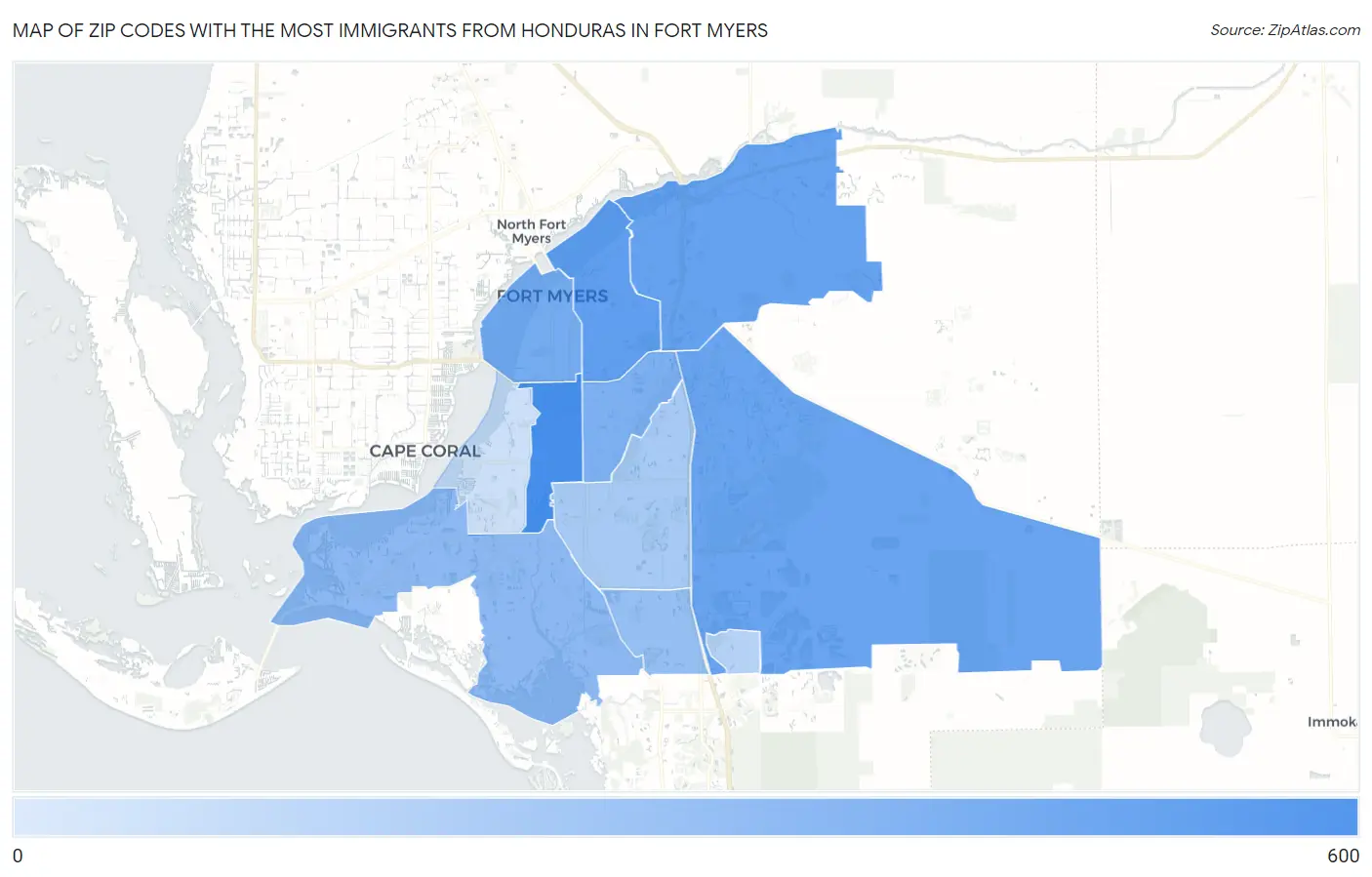 Zip Codes with the Most Immigrants from Honduras in Fort Myers Map
