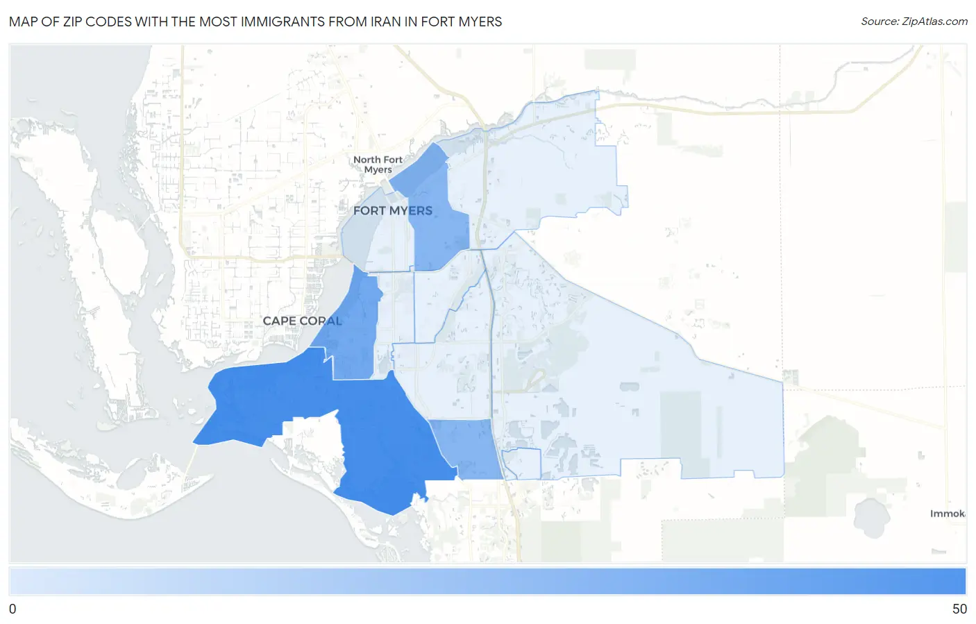 Zip Codes with the Most Immigrants from Iran in Fort Myers Map