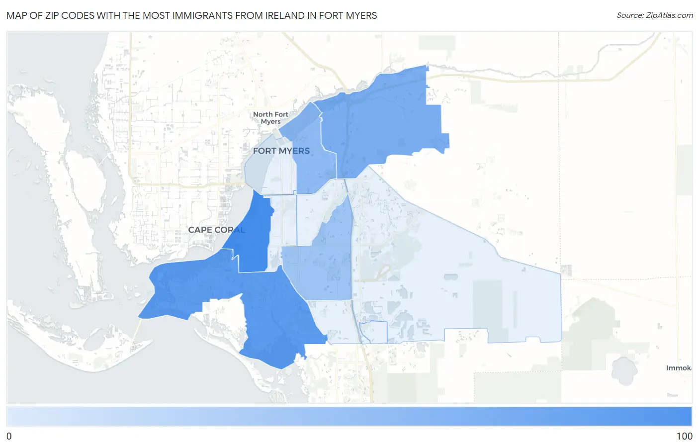 Zip Codes with the Most Immigrants from Ireland in Fort Myers Map