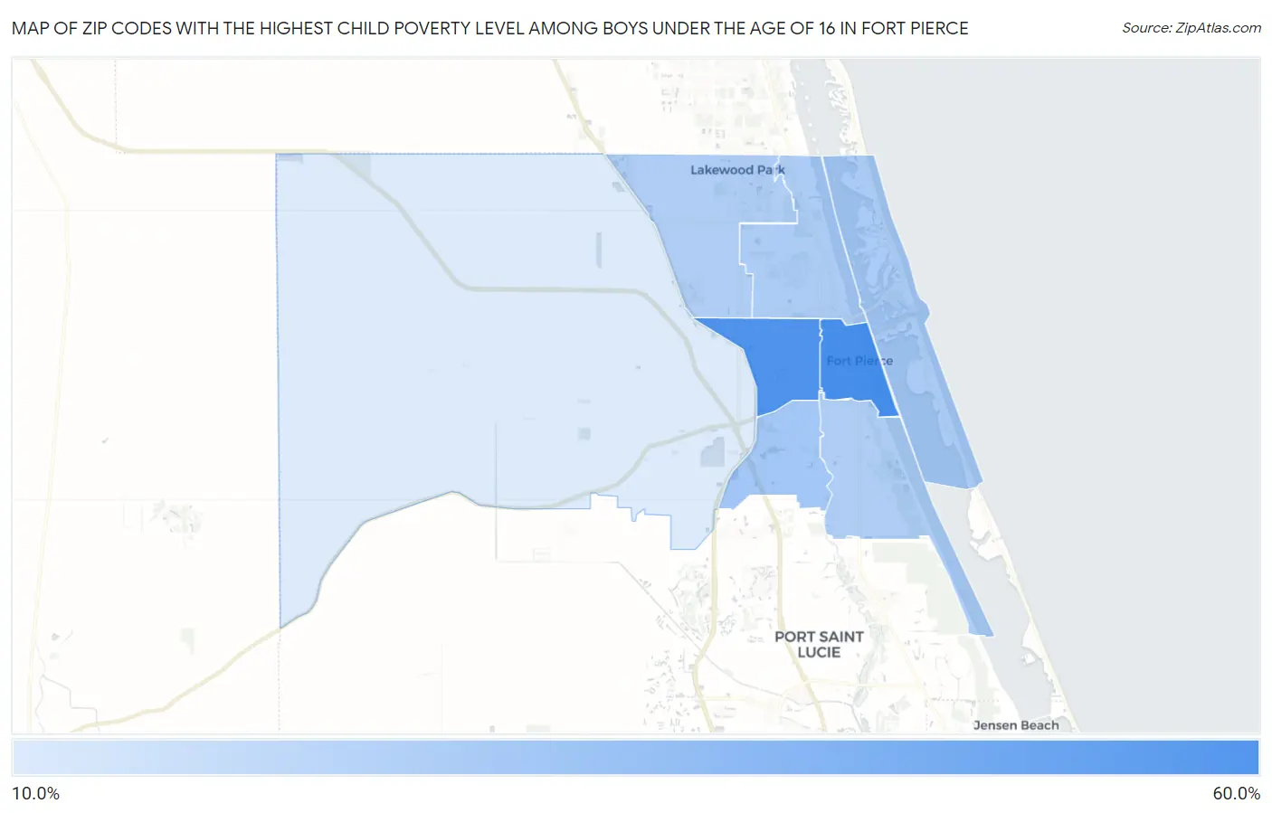 Zip Codes with the Highest Child Poverty Level Among Boys Under the Age of 16 in Fort Pierce Map