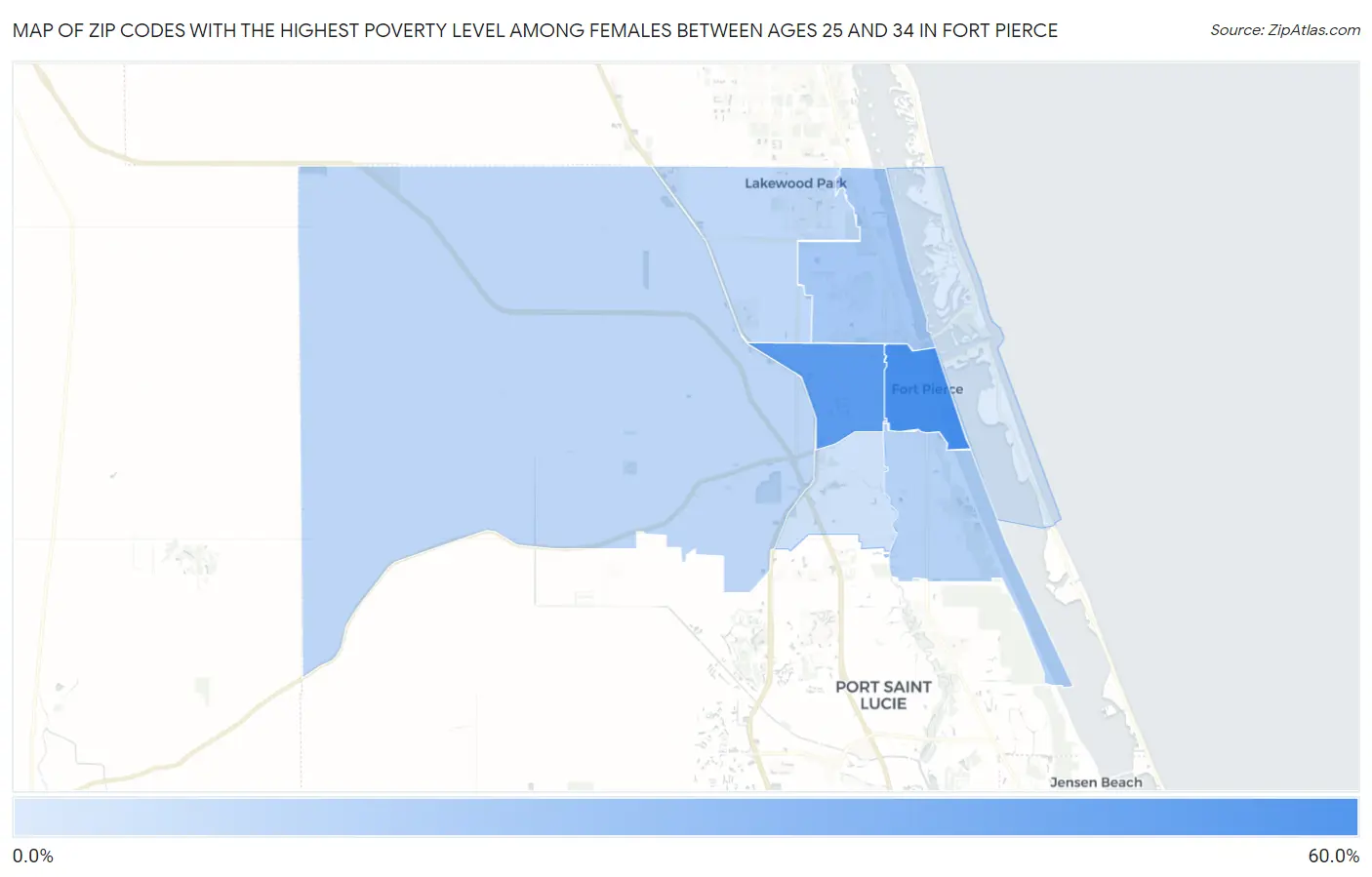 Zip Codes with the Highest Poverty Level Among Females Between Ages 25 and 34 in Fort Pierce Map