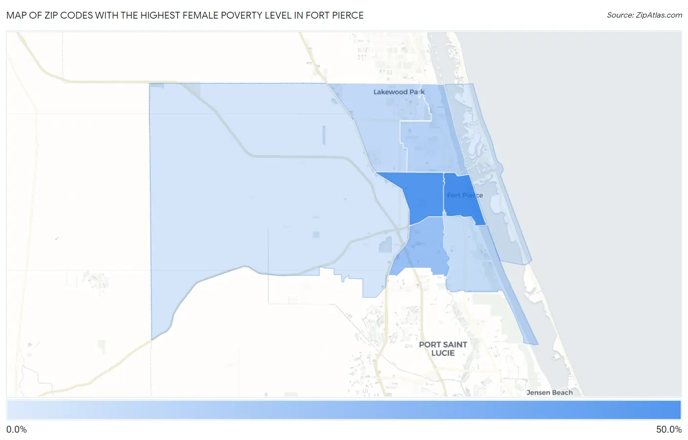 Zip Codes with the Highest Female Poverty Level in Fort Pierce Map