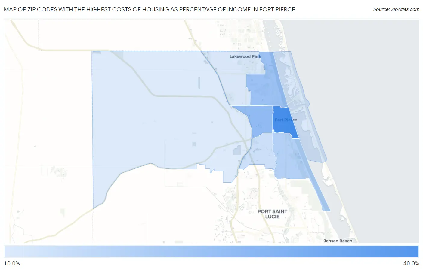 Zip Codes with the Highest Costs of Housing as Percentage of Income in Fort Pierce Map