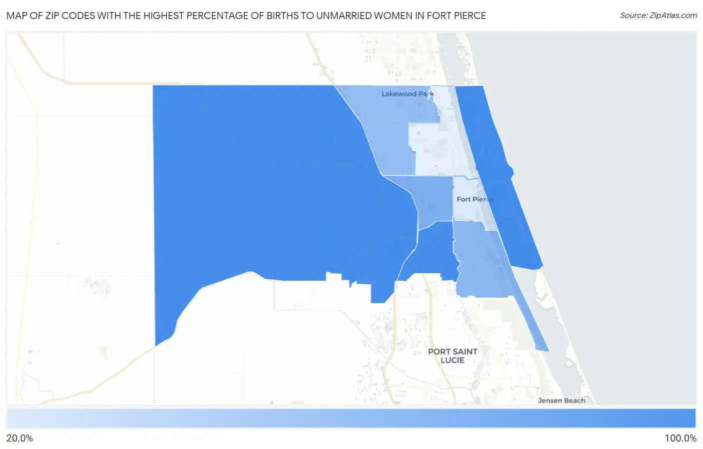 Zip Codes with the Highest Percentage of Births to Unmarried Women in Fort Pierce Map